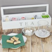 boîte à thé avec 6 compartiments pouvant contenir jusqu'à 90 sachets de thé, boîte de rangement en bois blanc, boîte à sachets de thé avec fenêtre, boîte à thé, rangement du thé (01 pièces - 43x9x8,7cm blanc)