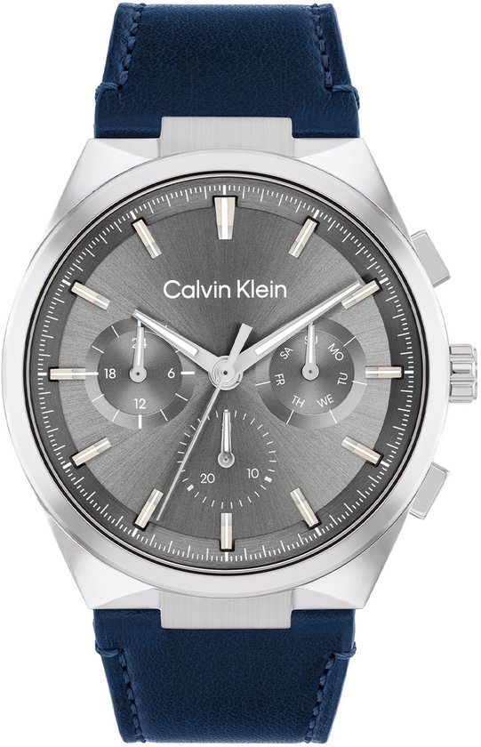 Calvin Klein CK25200444 DISTINGUISH Heren Horloge - Mineraalglas - Staal/Leer - Blauw/Zilverkleurig - 44 mm breed - Quartz - Gesp - 3 ATM (spatwater)