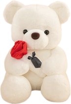 Beer Pluche Knuffel Wit met Rode Roos 23 cm [knuffelbeer teddybeer - plush bear with rose - rozenbeer rozen beer - i love you ik hou van jou - valentijn valentijnsdag valentijnscadeau - kado voor hem haar]