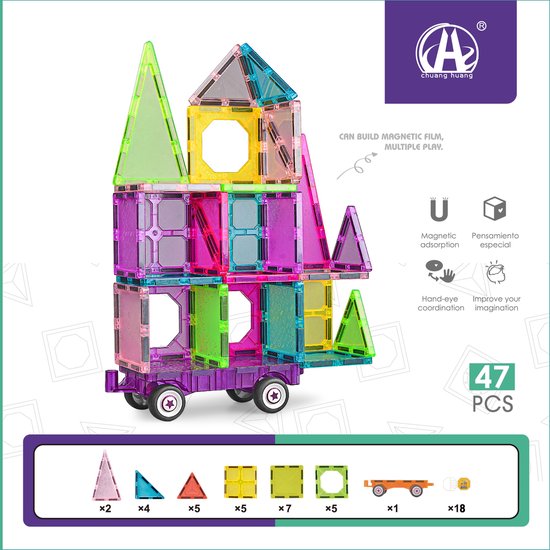 Magnetisch Speelgoed - Magnetic Tiles - Aanhanger - 47 stuks -Delig Constructiespeelgoed - Magnetische Bouwstenen - Magnetische Tegels - Magnetic toys - Duurzaam Speelgoed