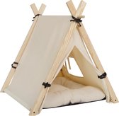 BukkitBow - Tipi Tent voor Huisdieren - Tent met Venster & Uitneembaar Kussen voor Honden en Katten - Wit & Eikenhout - 45x55x45CM