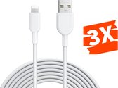 3x Rubberen 12W USB naar 8-PIN Oplaadkabel - 3 Meter Lang - Geschikt voor iPad, iPhone met Lightning - USB Oplader Kabel