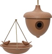 Decoris Vogelhuisje en voederschaal/vogelbadje - bruin - bamboe - nestkastje