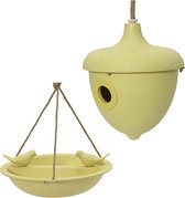 Decoris Vogelhuisje en voederschaal/vogelbadje - geel - bamboe - nestkastje