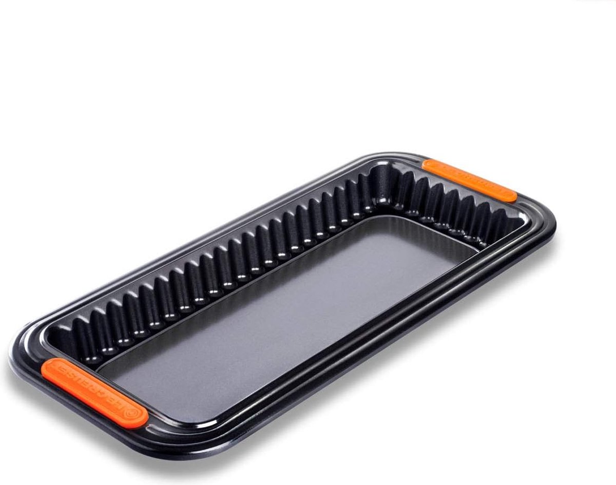 Taartvorm met antiaanbaklaag rechthoekig 33 x 13 x 3 cm hefbodem zuurdesembestendig van koolstofstaal antraciet oranje