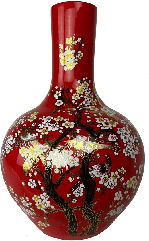Fine Asianliving Chinese Vaas Rood Bloesems Handgemaakt D41xH57cm