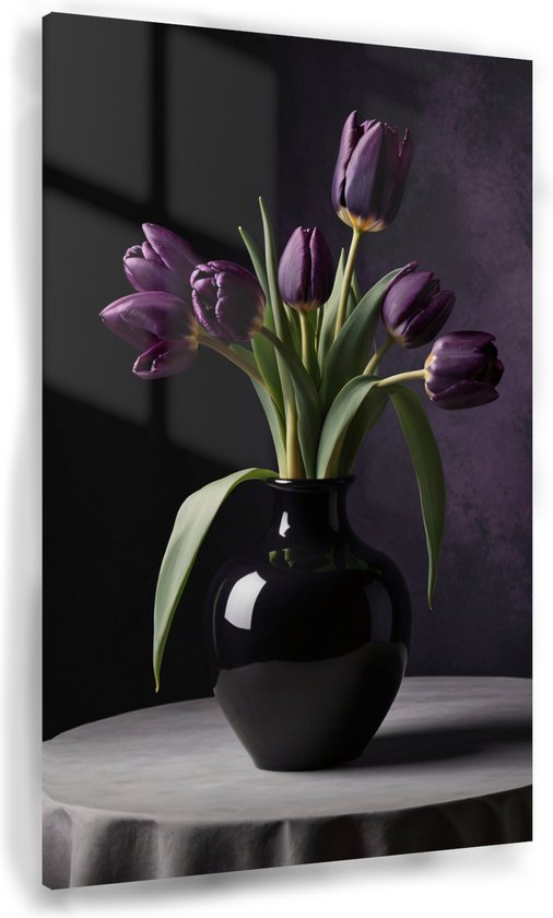 Foto: Paarse tulpen in een vaas schilderij stilleven glasschilderijen wanddecoratie bloemen in vaas muurdecoratie klassiek schilderij acrylglas kantoor accessoires 80 x 120 cm 5mm