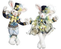 Mark Roberts Paasdecoratie - Paashaas Mr. & Mrs. Festive Rabbit - set van 2 - pasen - wit blauw - 36cm - Collector's item