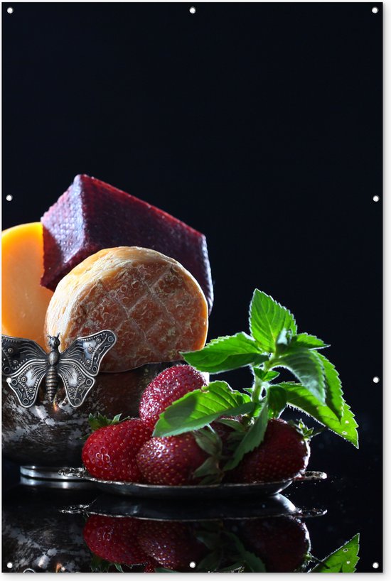 Décoration murale Rustique - Fruit - Fromage - Table - Nature morte - 120x180 cm - Poster jardin - Toile jardin - Poster extérieur
