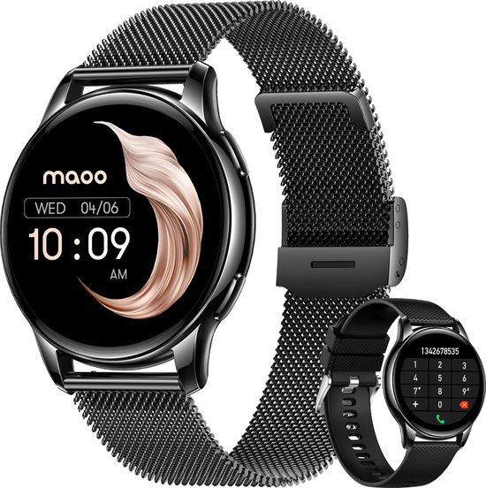 Maoo Ventura AMOLED Smartwatch Dames - RVS en Siliconen Bandje - Stappenteller - Hartslagmeter - Slaapmonitor - Multisport - Geschikt voor Android en iOS - Zwart