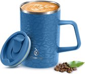 Koffiemok, 16 oz, dubbelwandige vacuümgeïsoleerde roestvrijstalen koffie- en theemok met antisliphandvat en verschuifbaar moduledeksel en groot volume (luipaardblauw)