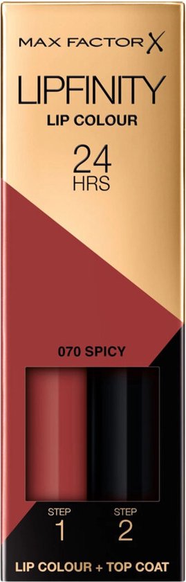 Doosje Max Factor Lipfinity Lip Colour 070 Spicy. Goud met rode en zwarte vlakken. Twee tubes zichtbaar: rode lipkleur en doorzichtige top coat.