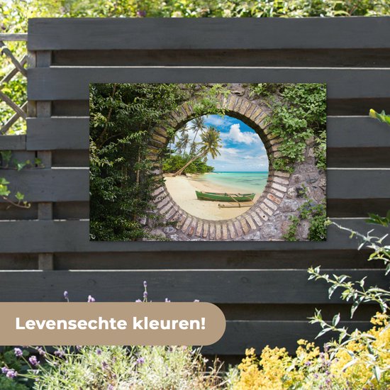 Jardin - Palmier - Vue - Pierre - Canoë - Toile de clôture - 120x80 cm - Affiche de jardin - Toile de jardin