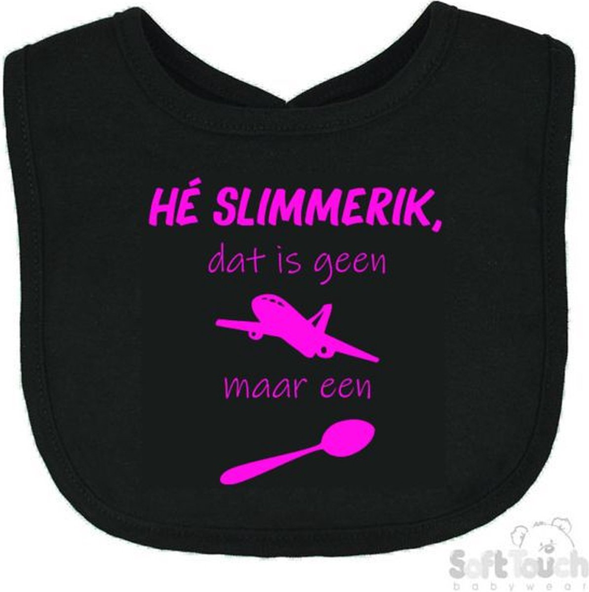 Goedkoopste Soft Touch Slabber Slabbetje Slab He slimmerik, dat is geen vliegtuig maar een lepel Unisex Katoen Zwart/fluor pink Maat 33x22 Cm
