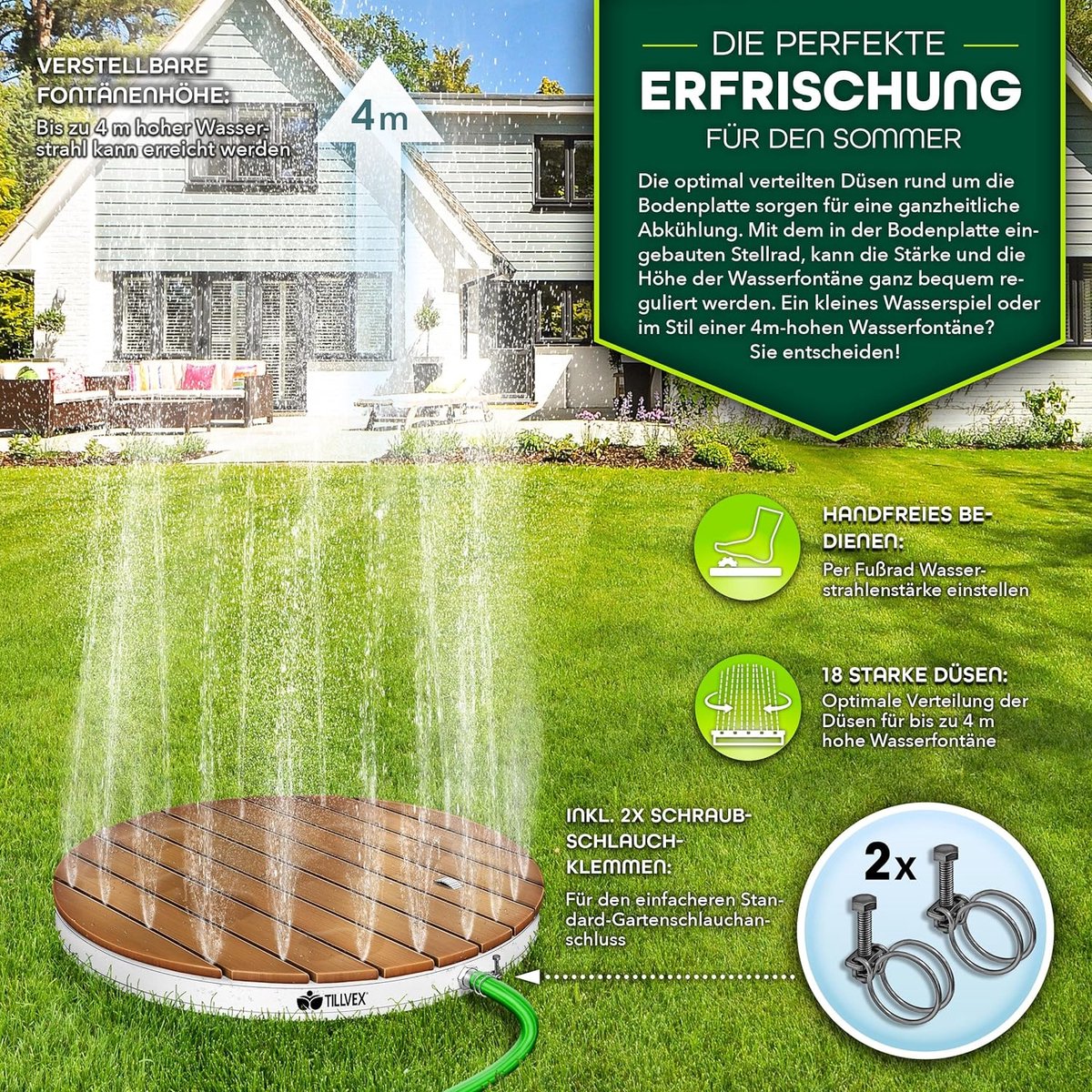tillvex® Tuindouche voor buiten met een fonteinhoogte tot 4 m | Vloerdouche met voetpedaal | Antislip campingdouche buitendouche | Weerbestendige sauna- en gemaakt van aluminium/WPC (Rond) thumbnail 6