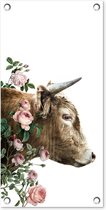 Tuinposter Schotse hooglander - Koe - Bloemen - 30x60 cm - Tuindoek - Buitenposter