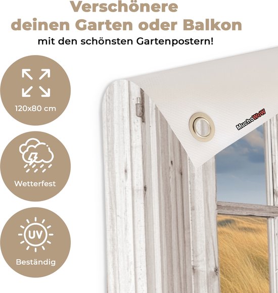 Tuinposter doorkijk strand - Tuindecoratie duinen - 120x80 cm - Natuur poster voor in de tuin - Buiten decoratie - Schutting raam tuinschilderij - Tuindoek muurdecoratie - Wanddecoratie balkondoek