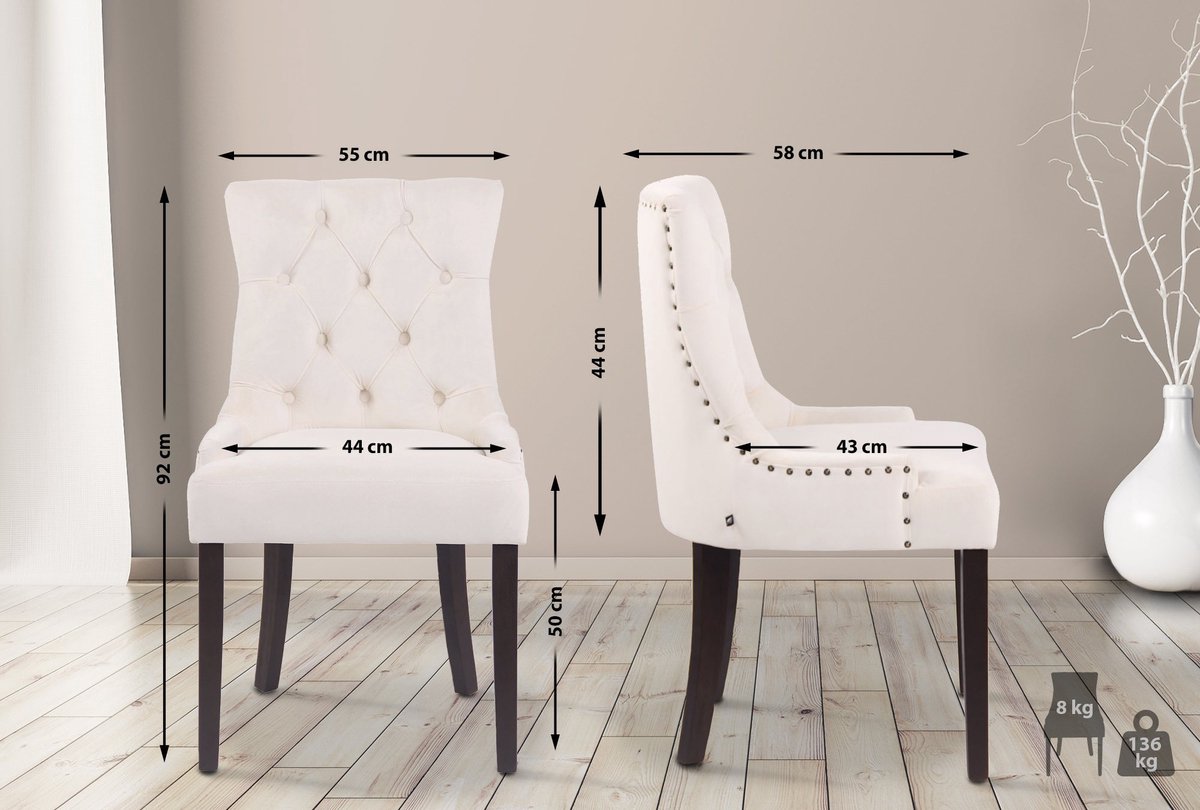 CLP Aberdeen Set van 4 eetkamerstoelen - Zonder armleuning - Hout - Fluweel - creme antiek