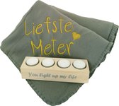 Relaxpakket: Grijze fleecedeken met borduursel ‘Liefste Meter’ en Theelichthouder met opdruk 'You Light up my life' - Plaid - Meter Cadeau