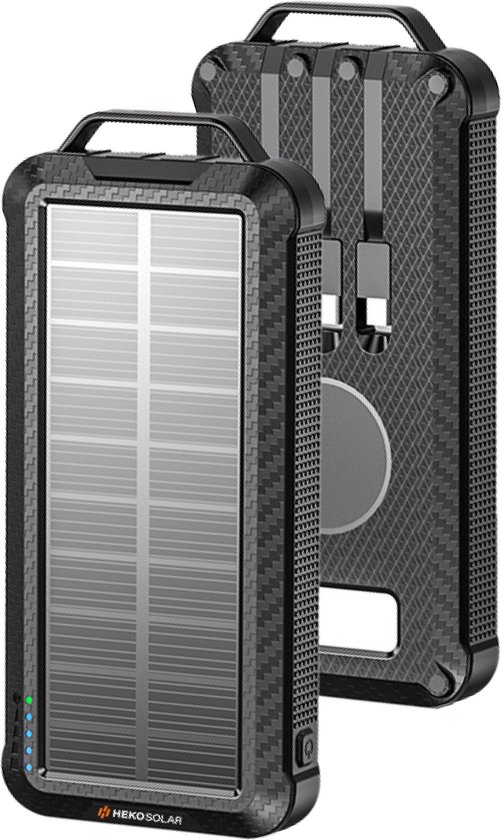 HEKO Solar® Powerbank Surge - 10000 mAh - Draadloos Laden - Noodpakket - Apple en Samsung - USB C - Micro USB – Lightning