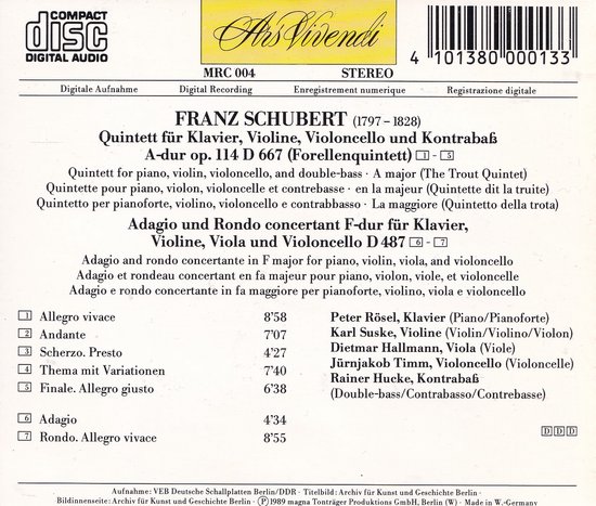 CD-hoes met gedetailleerde tracklist en uitvoerenden voor "Forellenquintett" en "Adagio und Rondo concertant" van Franz Schubert.