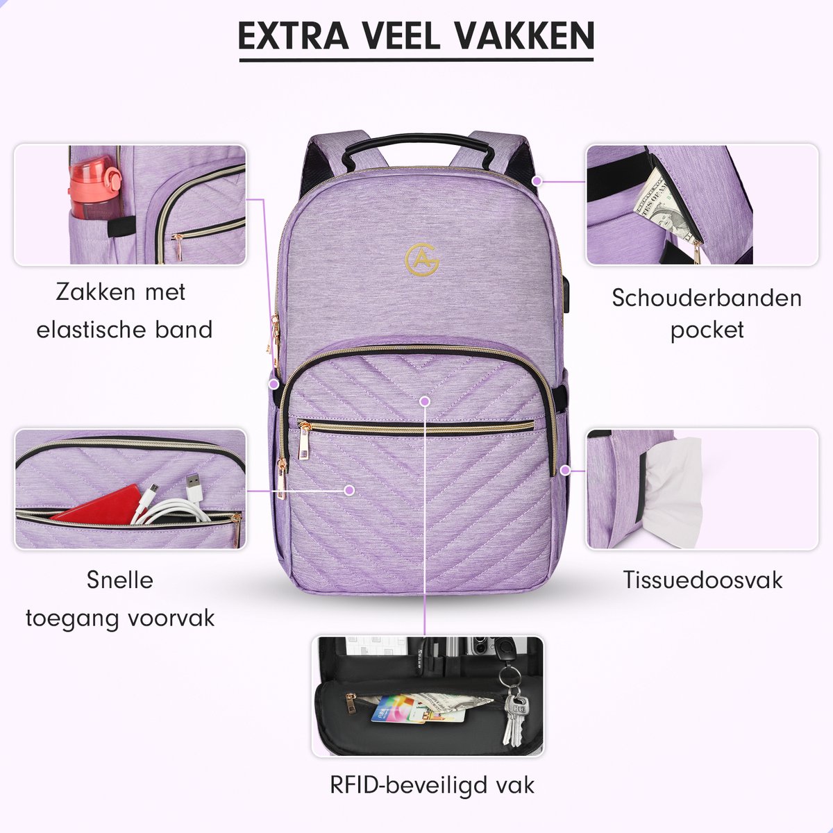AG Luxe Rugzak Dames Lila - Rugzakken - Rugtassen - Meisje - Laptop - 26L - School - Kind - Backpack Waterafstotend- Schooltas - Reizen & Werken - Anti Diefstal Ontwerp - Inclusief Usb Oplaadstation – foto 2