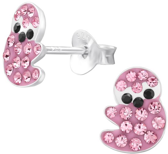 Joy|S - Zilveren luiaard oorbellen - 6.5 x 8.6 mm - roze met roze kristalletjes - kinderoorbellen