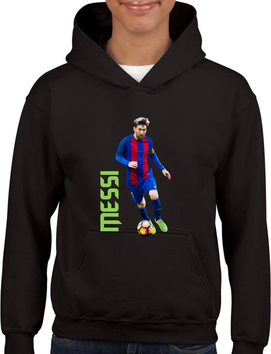 Messi - Kinder Hoodie - Zwart text groen - Maat 134/140 - Hoodie leeftijd 9 tot 10 jaar - rugnummer 10 - the goat - - Cadeau - hoodie Cadeau - Voetbal - Zwarte Hoodie