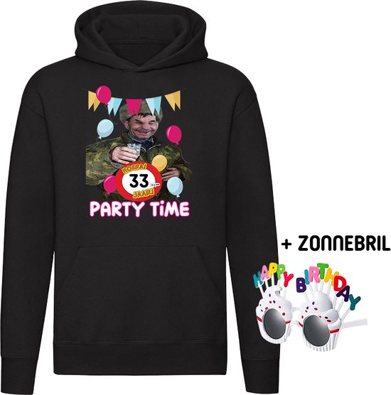Party time 33 jaar Hoodie + Happy birthday bril - feest - verjaardag - jarig - 33e verjaardag - grappig - unisex - trui - sweater - capuchon