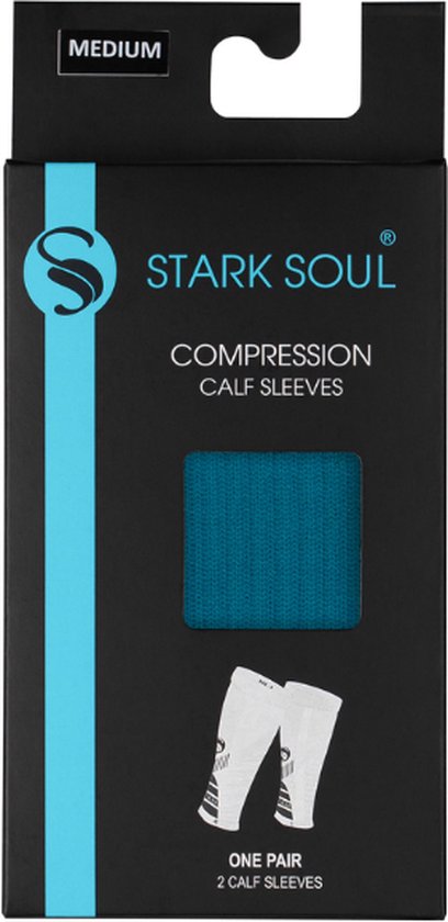 Verpakking van 'Stark Soul' compressie kuit sleeves in maat M, petrol kleur.