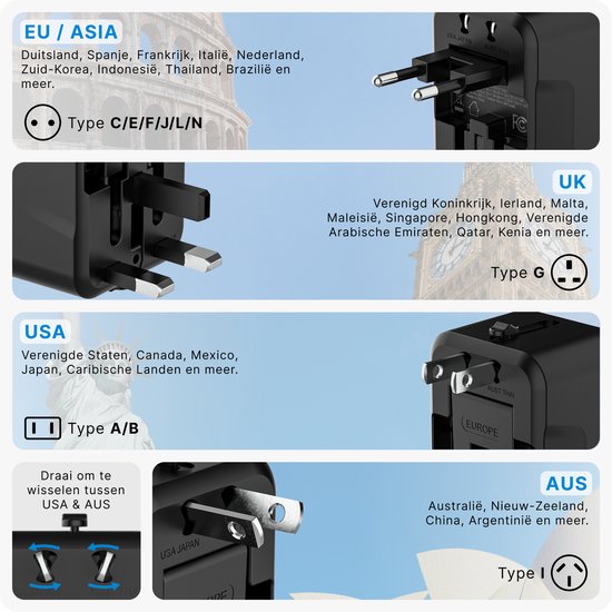 Voomy Universele Wereldstekker - 150+ landen - USB-C & USB-A Poort - Reisstekker Wereld: Amerika (USA), Engeland (UK), Australië, Zuid Amerika, Afrika, Italië, Thailand - Zwart - Voomy