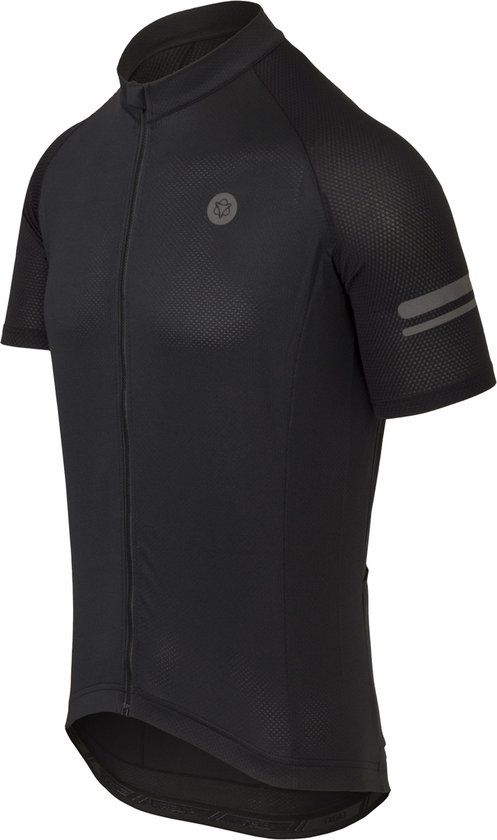 Zwart fietsjack met korte mouwen, mesh stof, logo op borst en reflecterende strepen op mouw.