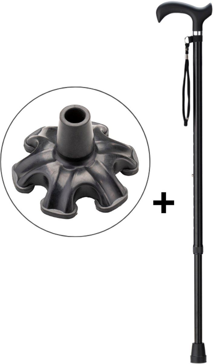 Wandelstok Zwart met ergonomisch comfort handvat en polsbandje - Loopstok - Verstelbaar 76 - 98,5 cm - Lichtgewicht - Incl. 6-poot stokdop