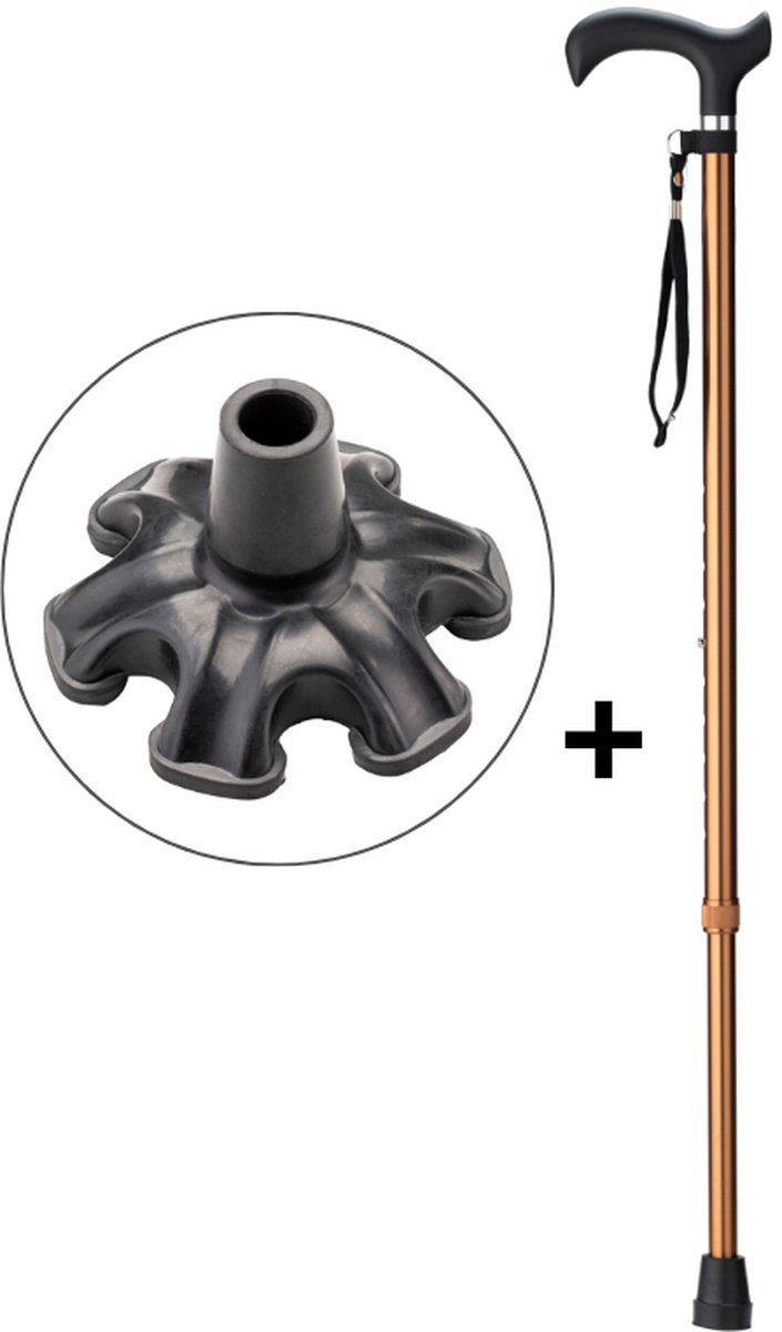 Wandelstok Bruin met ergonomisch comfort handvat en polsbandje - Loopstok - Verstelbaar 76 - 98,5 cm - Lichtgewicht - Incl. 6-poot stokdop