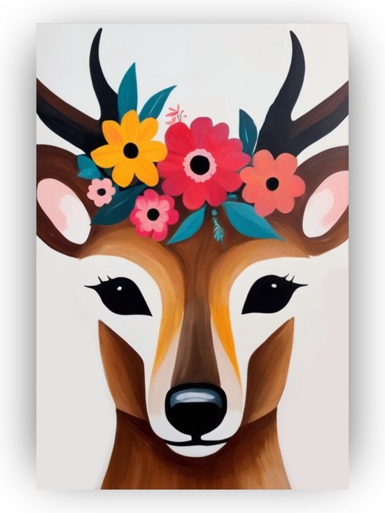 Hert met bloemen poster - Hert wanddecoratie - Muurdecoratie Frida Kahlo - Vintage posters - Posters slaapkamer - Woonaccessoires - 40 x 60 cm