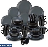 CasaVibe Luxe Serviesset – 48 delig – 12 persoons – Porselein - Bordenset – Dinner platen – Dessertborden - Kommen - Mokken - Set - Grijs - Zwart