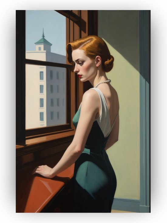 Vrouw Edward Hopper stijl schilderij - Vrouw schilderij - Schilderij op glas Edward Hopper - Schilderijen op glas industrieel - Acrylglas schilderij - Slaapkamer wanddecoratie - 80 x 120 cm 5mm