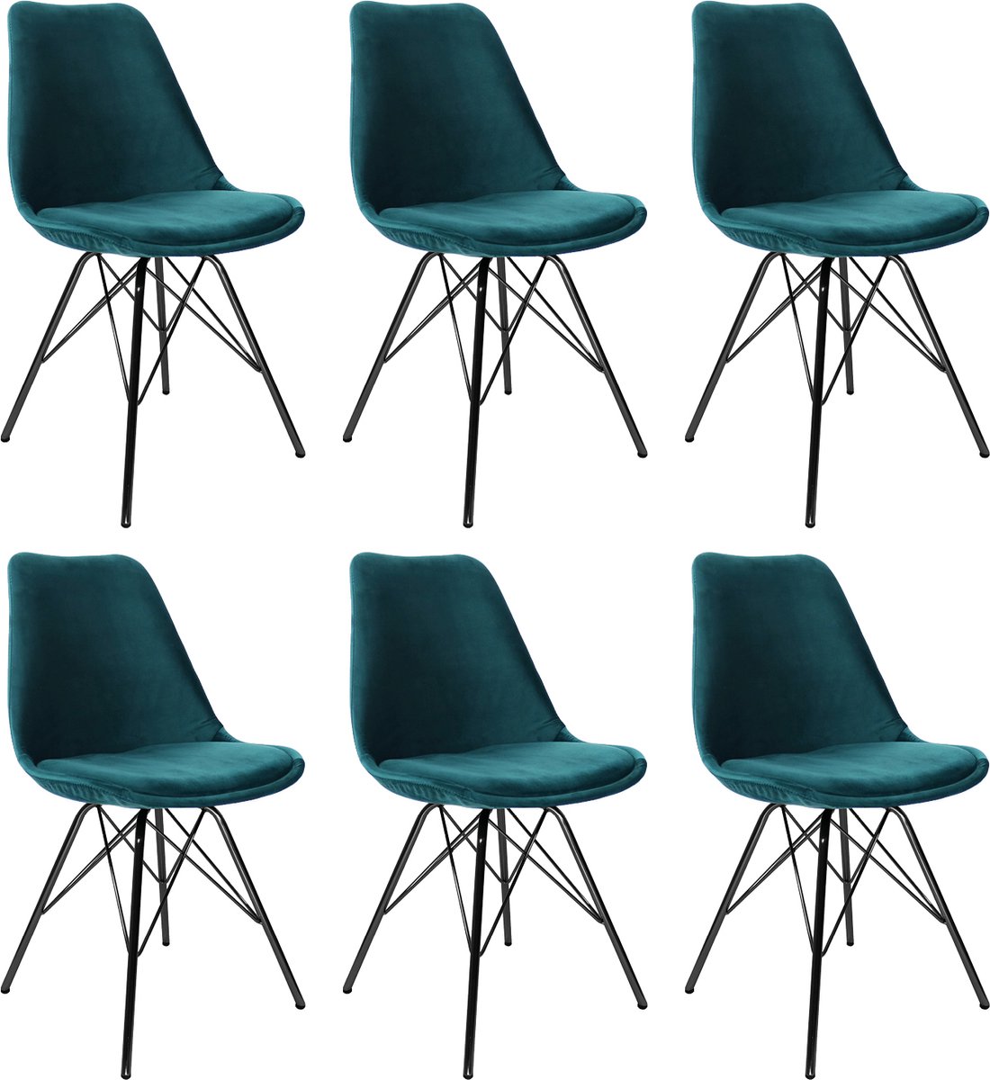 KICK® VELVET Kuipstoelen Blauw – Set van 6 – Eetkamerstoelen – Velvet – Zwart Frame
