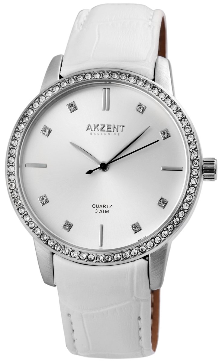 Akzent-Dames horloge-Analoog-Rond-42MM-Zilverkleurig-Wit lederen band.