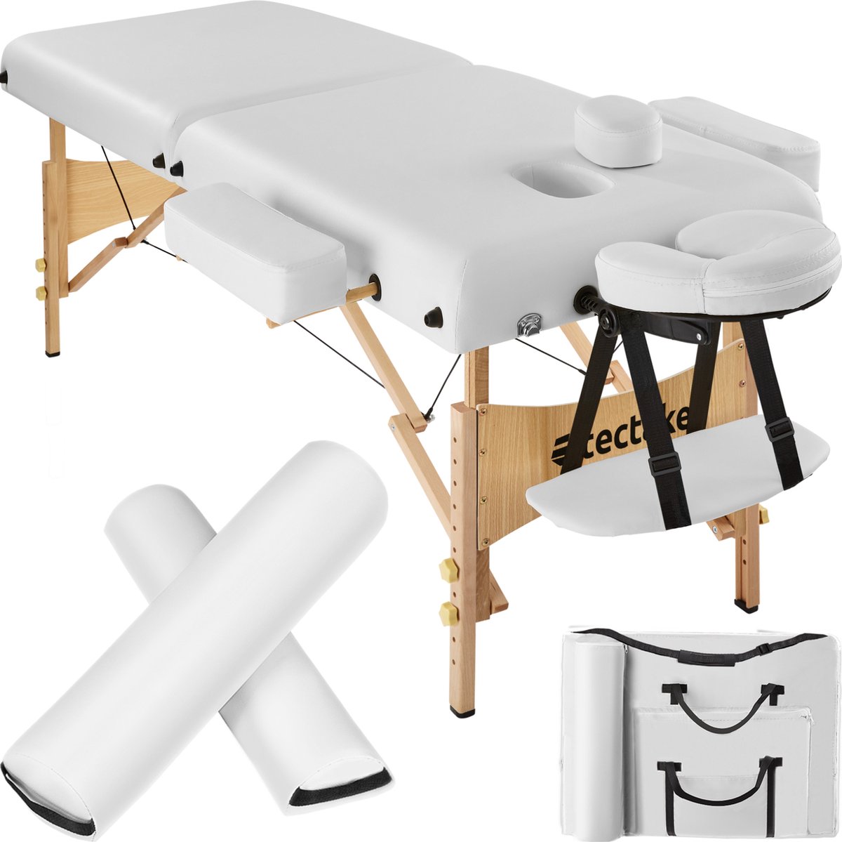 tectake® Massagetafel - 2 Zones - Behandeltafel - 7,5 cm Matras - Inclusief Rolkussens en Draagtas - Behandelbank - Opvouwbaar - Verstelbaar - Wit