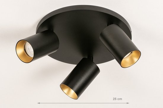 Lumidora Spot en saillie 74323 - 3 Lumières - GU10 - Zwart - Or - Métal - Lampe de salle de bain - IP21 - ⌀ 25 cm