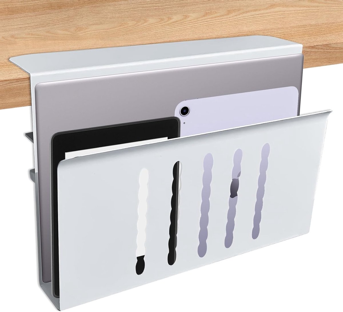 Bureau-zijopslag, onder bureau-opslag, hangende bureau-organizer van staal, geen boren, kabelgoot, kabelhouder met penhouder, laptophouder voor kantoor (wit