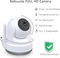 Draaibare witte ELRO babyfoon camera met specificaties zoals temperatuursensor en nachtzicht.