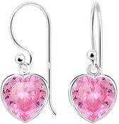 Joy|S - Zilveren hartje oorbellen - oorhangers - 8 mm hartje - zirkonia roze