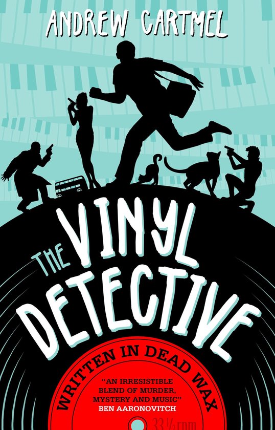 Boekcover van 'The Vinyl Detective' met gestileerde pianotoetsen, een rennend silhouet, katten en de titel.