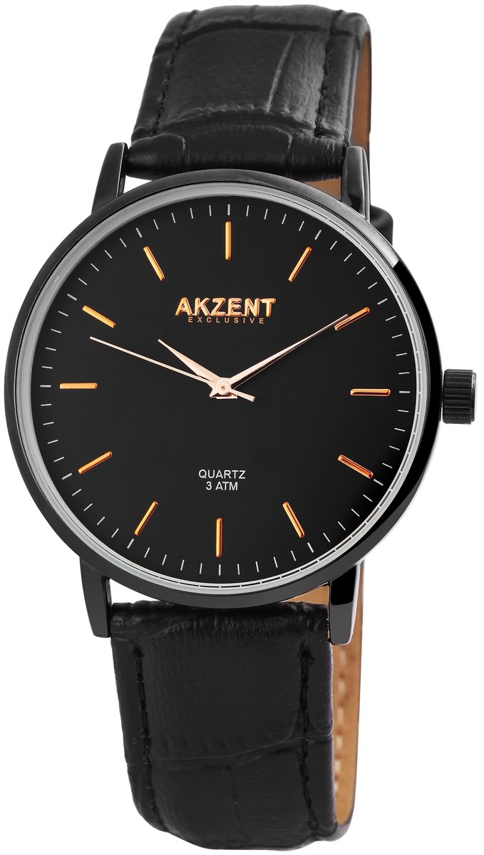 Akzent-Heren horloge-Analoog-Rond-40MM-Zwart-Zwart lederen band.
