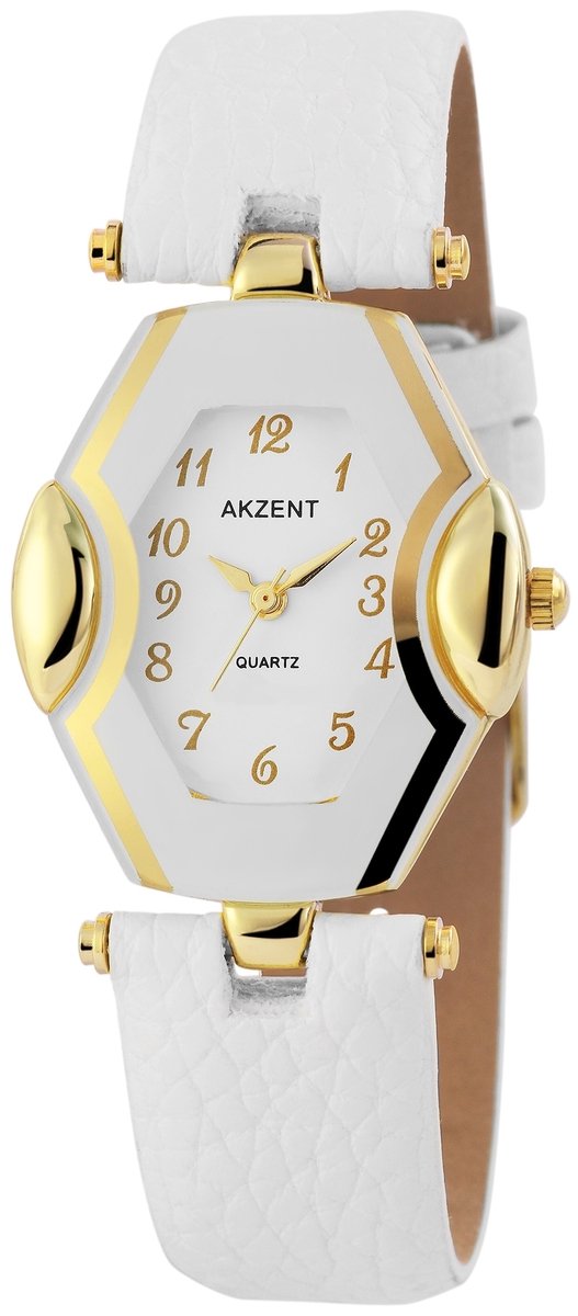 Akzent-Dames horloge-Analoog-Rond-30MM-Goudkleurig-Wit-Wit lederen band.