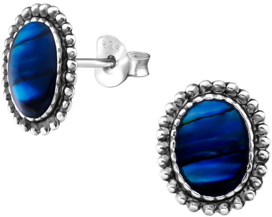 Joy|S - Zilveren ovaal oorbellen - 9 x 11 mm - geoxideerd - abalone donker blauw
