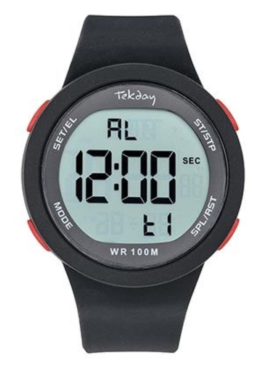 Tekday-Digitaal-Alarm-Timer-Chrono-EL-Datum-10ATM-Zwarte silicone band-45MM