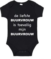 Soft Touch Rompertje (zwart) met witte Tekst - De liefste buurvrouw | Baby rompertje met leuke tekst | | kraamcadeau | 0 tot 3 maanden | GRATIS verzending